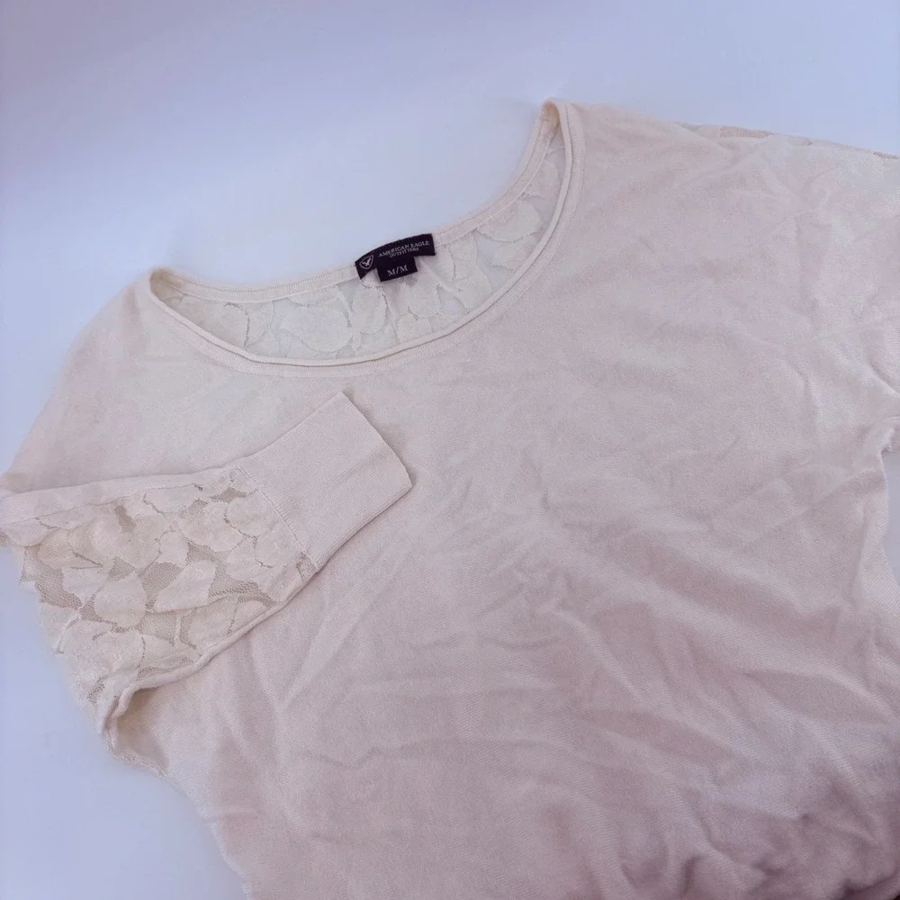 American Eagle‎ Lace Front Knit Sweater Off White Womens M Batwing Sleeve